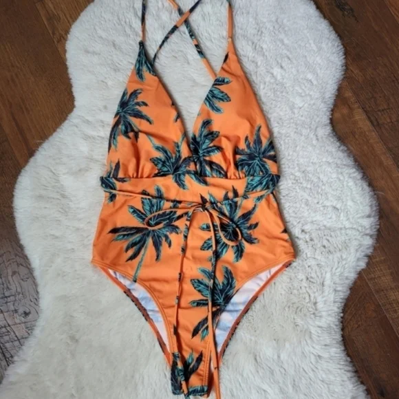 New Sexy Orange Palm Tree Print Multi Wrap One-piece Swimsuit Size L - Picture 4 of 5